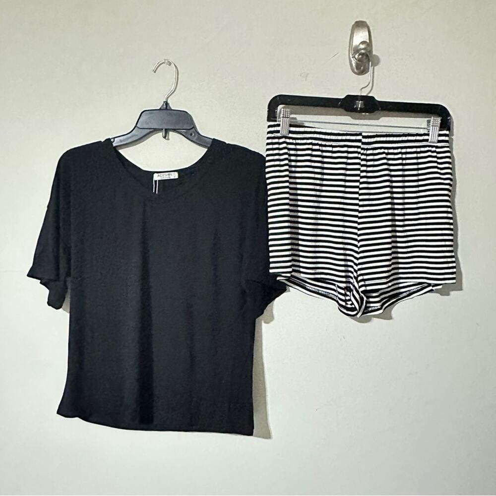 2 Pieces Women’s Casual Short  Sleeve  Crew Neck Elastic Waist Pants Sz  M
